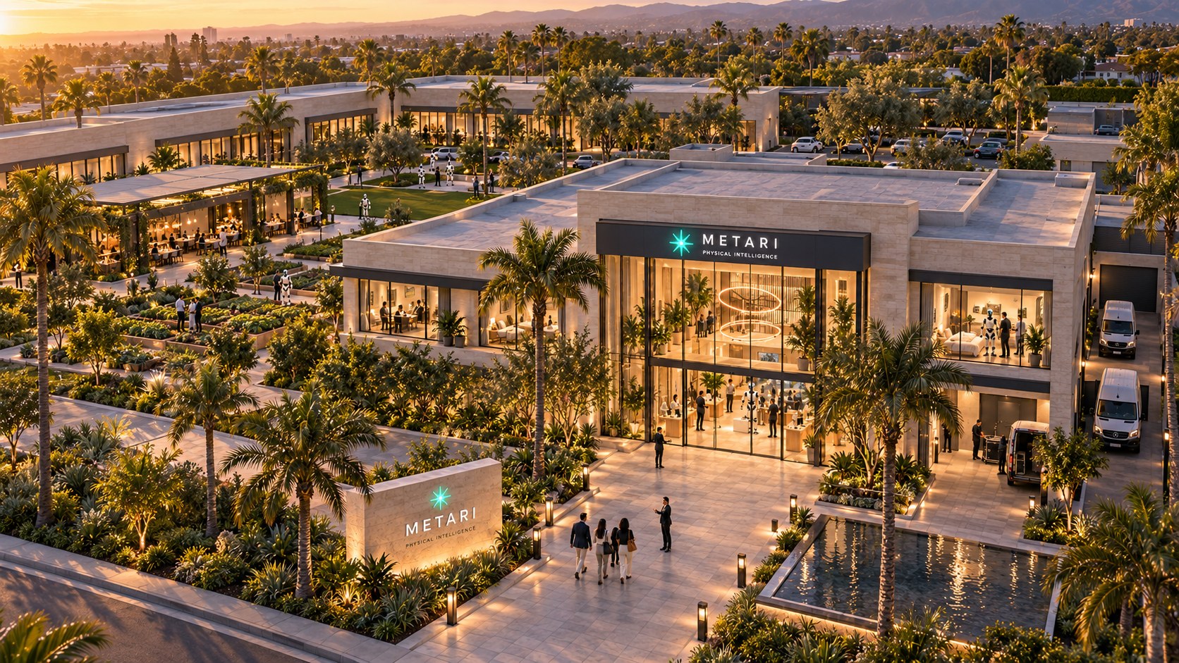 Concept rendering of the Metari physical intelligence campus at dusk